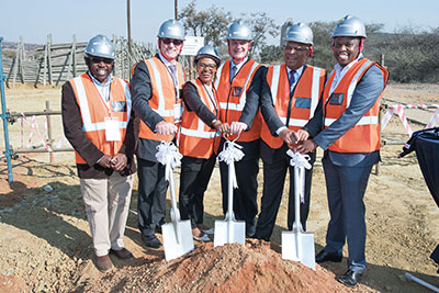 Breaking ground at the sod-turning ceremony were Polokwane smelter manager Phillimon Mukumbe; Platinum CEO Chris Griffith; Hatch regional director, iron ore, Welekazi Cele; Platinum executive head of process Gary Humphries; Limpopo Premier Stanley Chupu Mathabatha and general manager, group smelters, Bayanda Mncwango.